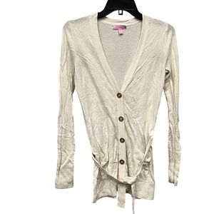 Lilly Pulitzer Cream Wool Blend V-Neck Belted Cardigan Sweater Gold Buttons S